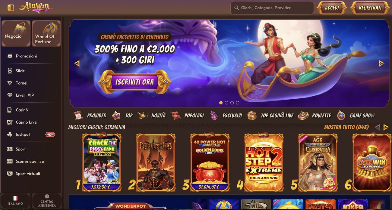 Home page di Alawin casino Schermata della home page di Alawin casino con il pacchetto di benvenuto