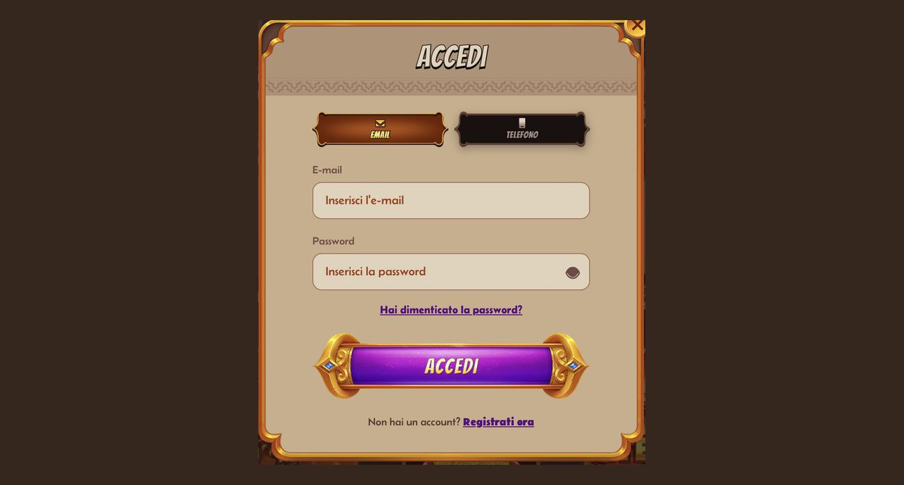 Finestra di login di Alawin casino Finestra di accesso di Alawin casino con le schede email e telefono