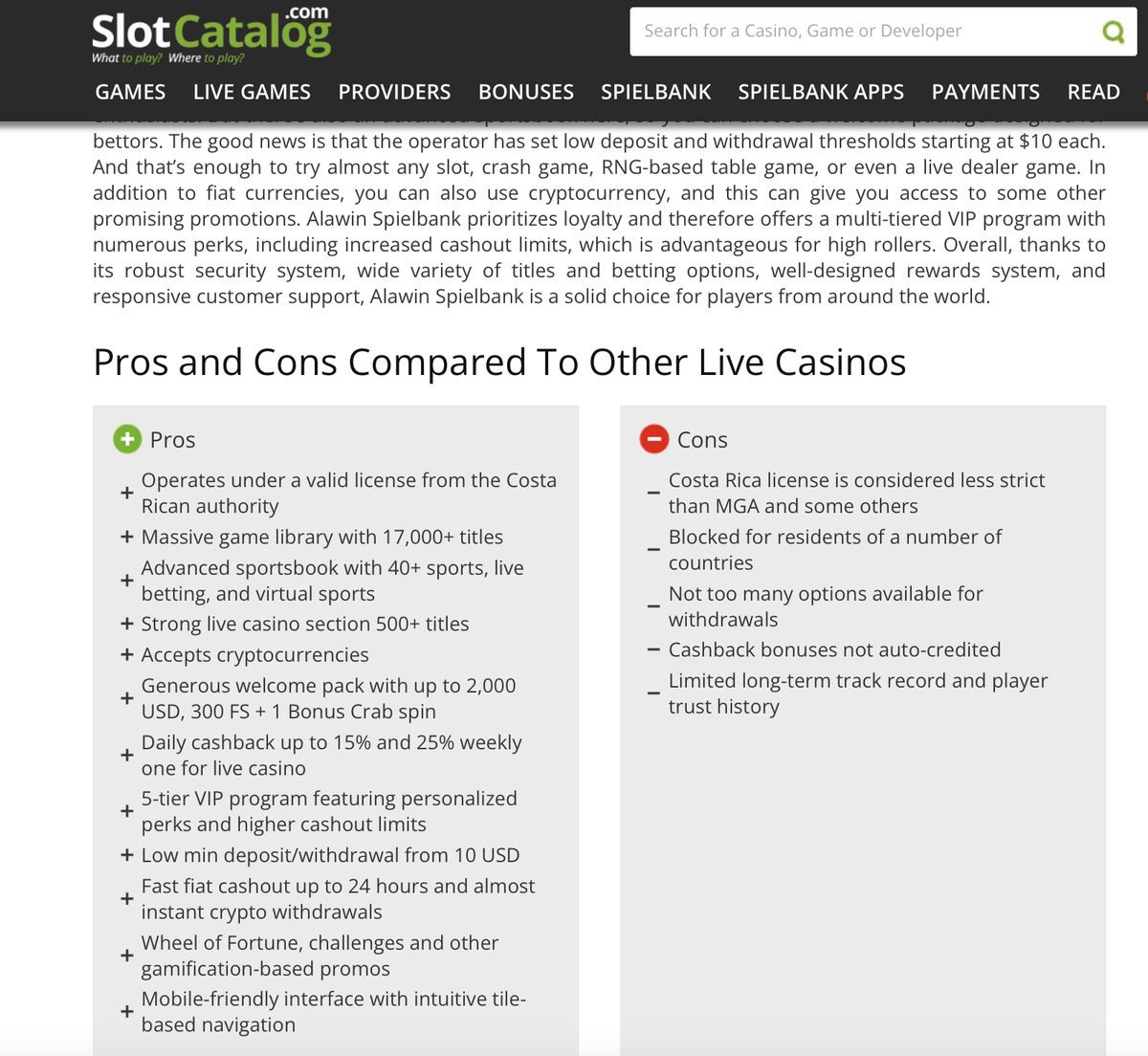 Valutazione di SlotCatalog su Alawin casino Scheda di SlotCatalog su Alawin casino con l'elenco dei pro e dei contro