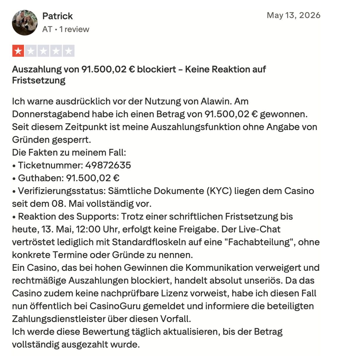 Recensione critica su un prelievo bloccato su Alawin Recensione Trustpilot a una stella su un prelievo bloccato da 91.500 euro su Alawin casino